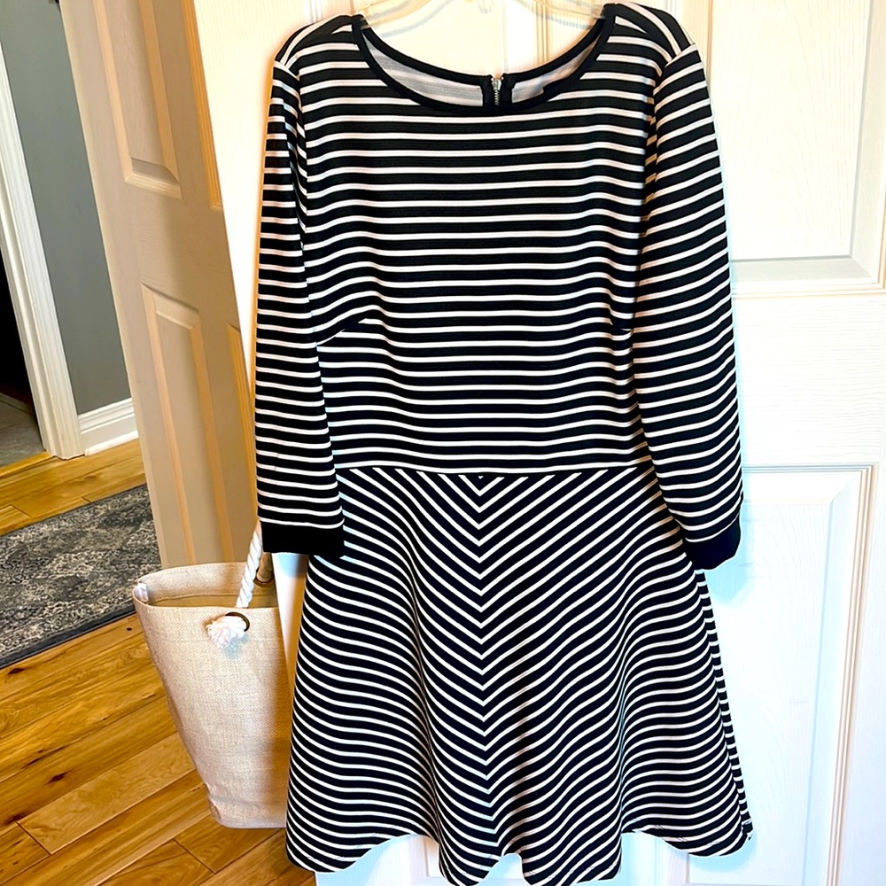 Striped Long Sleeved Dress, with Zipper Back- Size L